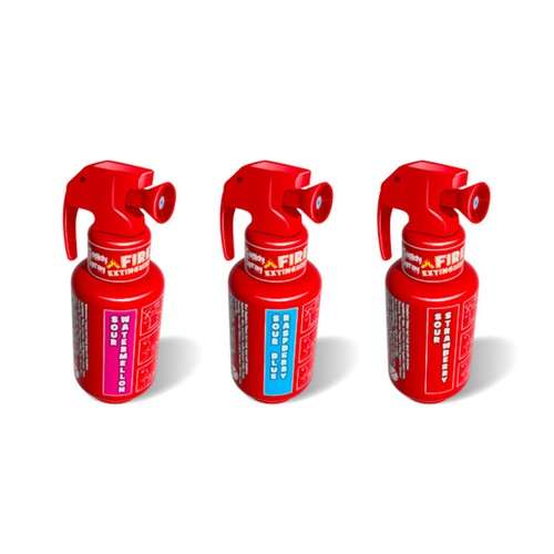 caramella liquida spray a forma di estintore disponibile nei gusti fragola, anguria e lampone blu