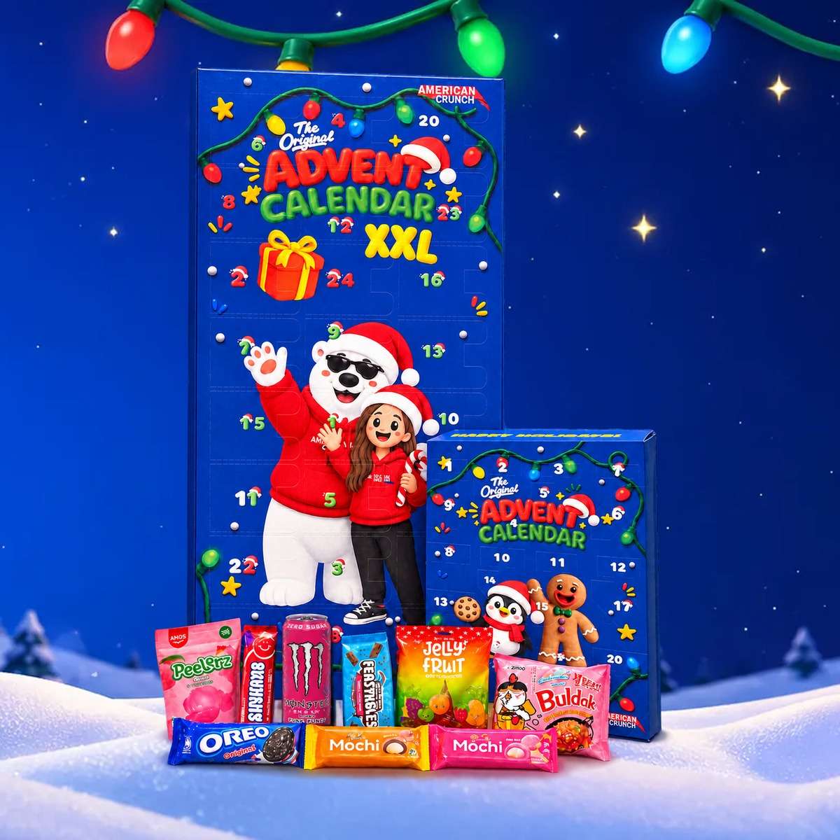 Calendario dell’Avvento 2026 di American Crunch: XXL da 110 cm e Grande con snack americani